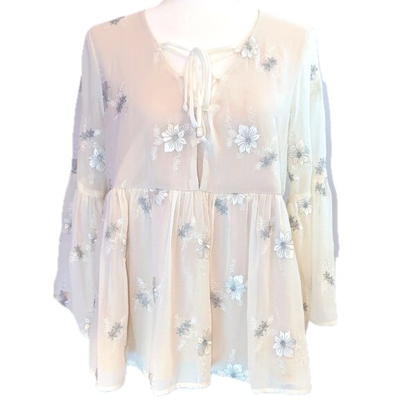 Show Me Your Mumu | Poet Metallic Embroidered Ivory Peasant Blouse | Size Medium - Picture 2 of 13
